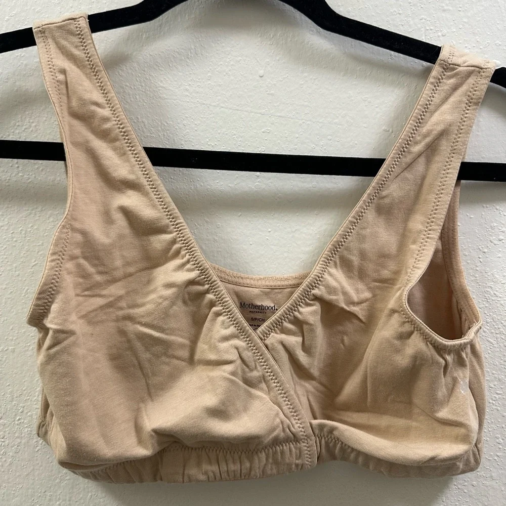 Motherhood Maternity  Wrap Front Nursing Bra Size L Nude‎ Beige Cotton Seamless
